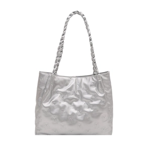 Silver metallic tote bag with bear embossed pattern and braided rope handles