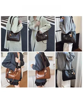 Collage of model carrying a large capacity leather tote bag in various settings