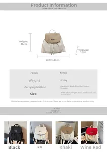 Detailed size chart and multi-color view of the nylon backpack with 26x26x12cm dimensions