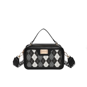 Fashion plaid crossbody bag with gold buckle and wide woven shoulder strap in black