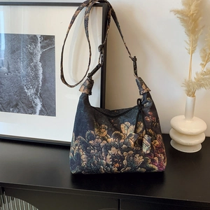 New Chinese style crescent moon hobo bag with vintage floral print and fringe detail
