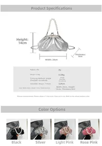 Detailed size specifications for silver pleated cloud bag with pearl handle and chain