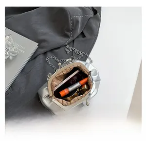 Internal view of silver cloud bag showing capacity for smartphone and cosmetics