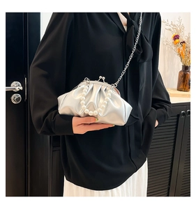 Detail of silver pleated cloud bag with pearl handle and metal kiss-lock closure
