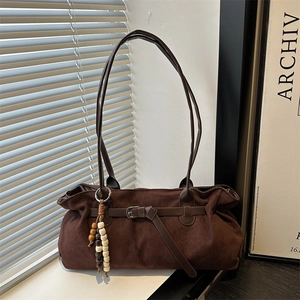 Retro Wildlederimitat Tote Bag Damen Große Kapazität Unterarmtasche Minimalistische Schultertasche Mit Holzperlenanhänger Casual