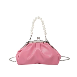 Pink pleated cloud bag with elegant pearl top handle and silver metal chain strap