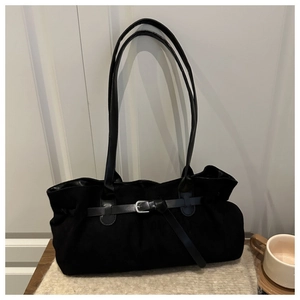Large black suede tote bag with minimalist silver buckle and dual shoulder straps