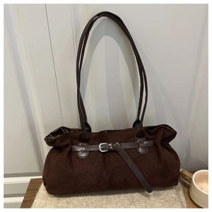 Vintage minimalist large capacity faux suede tote bag in dark brown with metal buckle
