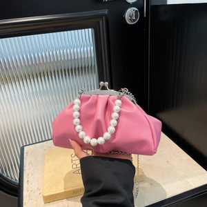 Pink pleated cloud crossbody bag with pearl handle and metal chain for women