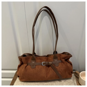 Retro dark brown faux suede shoulder tote bag with adjustable silver buckle detail