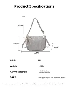 Size chart for light gray pleated shoulder bag with pearl bow and dimensions info