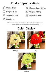 Size chart showing 15x19x7 cm dimensions for the cute cartoon canvas crossbody bag
