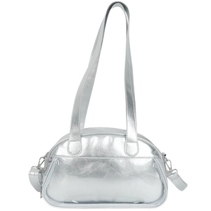 Metallic silver hobo shoulder bag with pleated texture and detachable crossbody strap