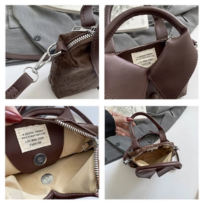 Detailansicht der braunen Ledertasche mit Magnetverschluss und gewebtem Innenetikett