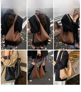 Detailed views of a large woven tote bag in brown, black, and beige colors for daily commute
