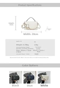 Size chart showing 20x13x8cm PU leather handbag dimensions and color options