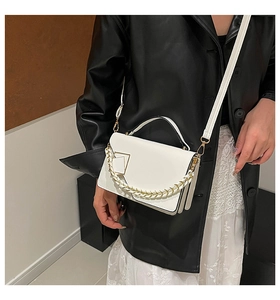 Detail of white rectangular handbag with gold metal buckle and woven chain strap decoration
