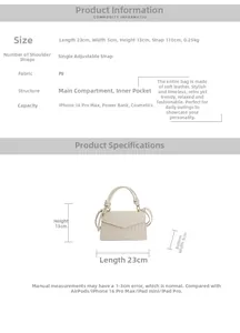 Size chart showing dimensions 23x5x13cm for the woven texture PU crossbody bag
