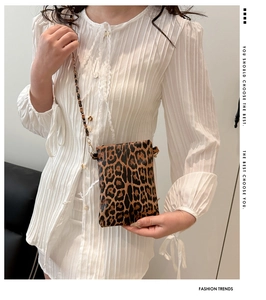 Detailed macro view of the leopard print texture and golden chain strap on a crossbody bag