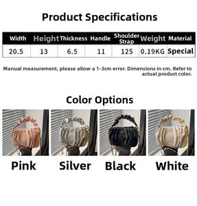 Size chart for ruched crossbody bag showing dimensions 20.5x13x6.5cm with strap length