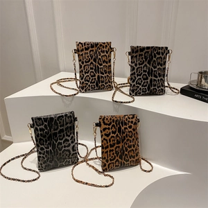 Vintage Luipaardprint Kleine Vierkante Crossbodytas Voor Dames Mode PU Leer Schouder Telefoontas Met Metalen Ketting