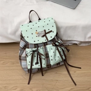 Damen Rucksack mit Karomuster in Mintgrün mit Sternenprint und brauner Schleifenverzierung