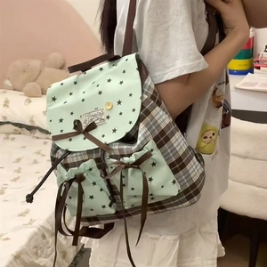 Kinder Mintgrün Karo Rucksack Süßes Sternmuster Schule Büchertasche Mit Schleife Leichter Casual Tagesrucksack Für Kinder