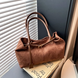 Retro brown suede large capacity shoulder tote bag with vintage matte finish and side buckles