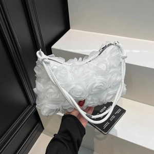 Sac Sous les Bras Romantique avec Fleurs en Dentelle 3D pour Femmes Sac à Épaule en Nylon Élégant Rose pour Mariage Fête