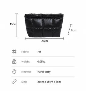 Detailed dimensions of black quilted PU leather clutch bag showing 26cm width and 15cm height