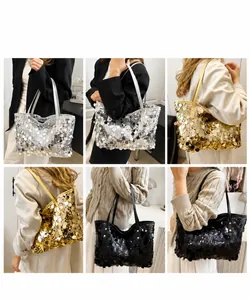 Detail showing various colors of sequined tote bags worn by a model in different styles