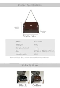 Detailed size chart for brown chain shoulder bag featuring PU and suede texture details