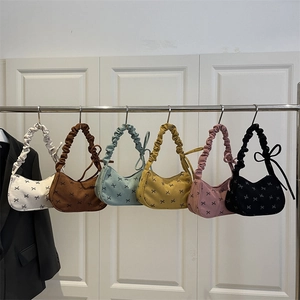 Women Corduroy Shoulder Bag Bow Print Sweet Underarm Hobo Handbag With Scrunchie Handle Retro Fashion Accessory