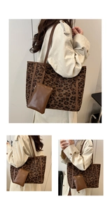 Detail view of suede leopard print tote bag with a matching small leather pouch accessory
