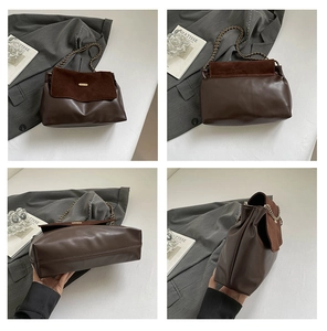 Detailed views of a brown patchwork chain shoulder bag with a vintage accordion structure