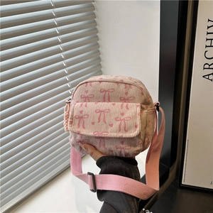 Sac en Bandoulière en Velours Côtelé Doux Japonais pour Femmes Enfants Nœud Papillon Cœur Imprimé Petit Sac à Main Quotidien