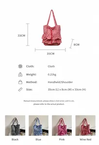 Size guide for ruffle checkered tote bag showing dimensions 33x35x8cm and weights