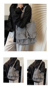 Detail of checkered tote bag featuring stylish double-layered ruffles and canvas texture