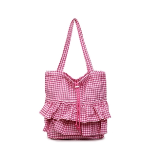 Pink gingham checkered tote bag with ruffled layers and a secure drawstring closure
