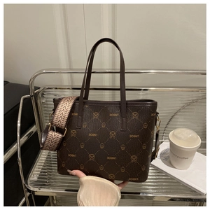 Bruine tote tas met retro print en verstelbare brede schouderriem in etnische stijl