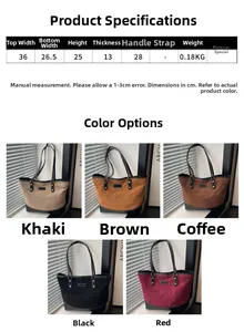 Detailed size chart and five color variants of the large vintage matte tote bag