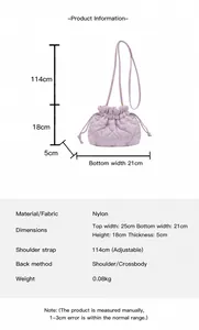 Detailed size chart of purple nylon quilted bucket bag with dimensions and strap info