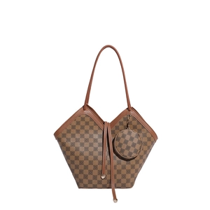 Grand sac cabas marron à carreaux vintage avec petite pochette ronde assortie