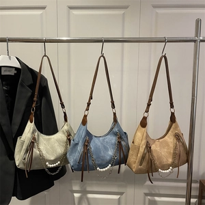 Bolso de Hombro de Gran Capacidad para Mujer Cuero PU Mezclilla Tote Hobo con Decoración Cadena de Perlas Artificiales Borla Moda Casual