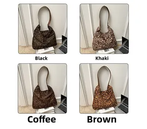 Detail grid showing four leopard print tote bags in black, khaki, coffee, and brown colors