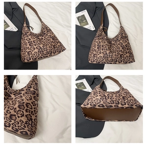 Detailed views of leopard print tote bag with brown leather straps and spacious design