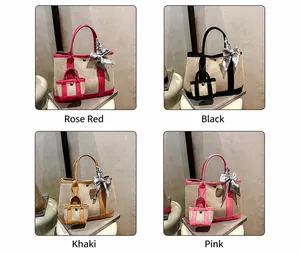 Four sets of contrast stitch tote bags in pink and black with mini bag charms and scarves