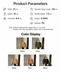Size chart showing 21x16cm dimensions and material specs for the shell handbag