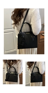 Vue triple d'un sac à main noir montrant le porté épaule, croisé et à la main en détail