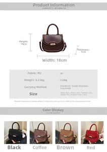 Dimensions de la besace en cuir PU montrant la taille 18x14x7cm et le poids de 0,23kg